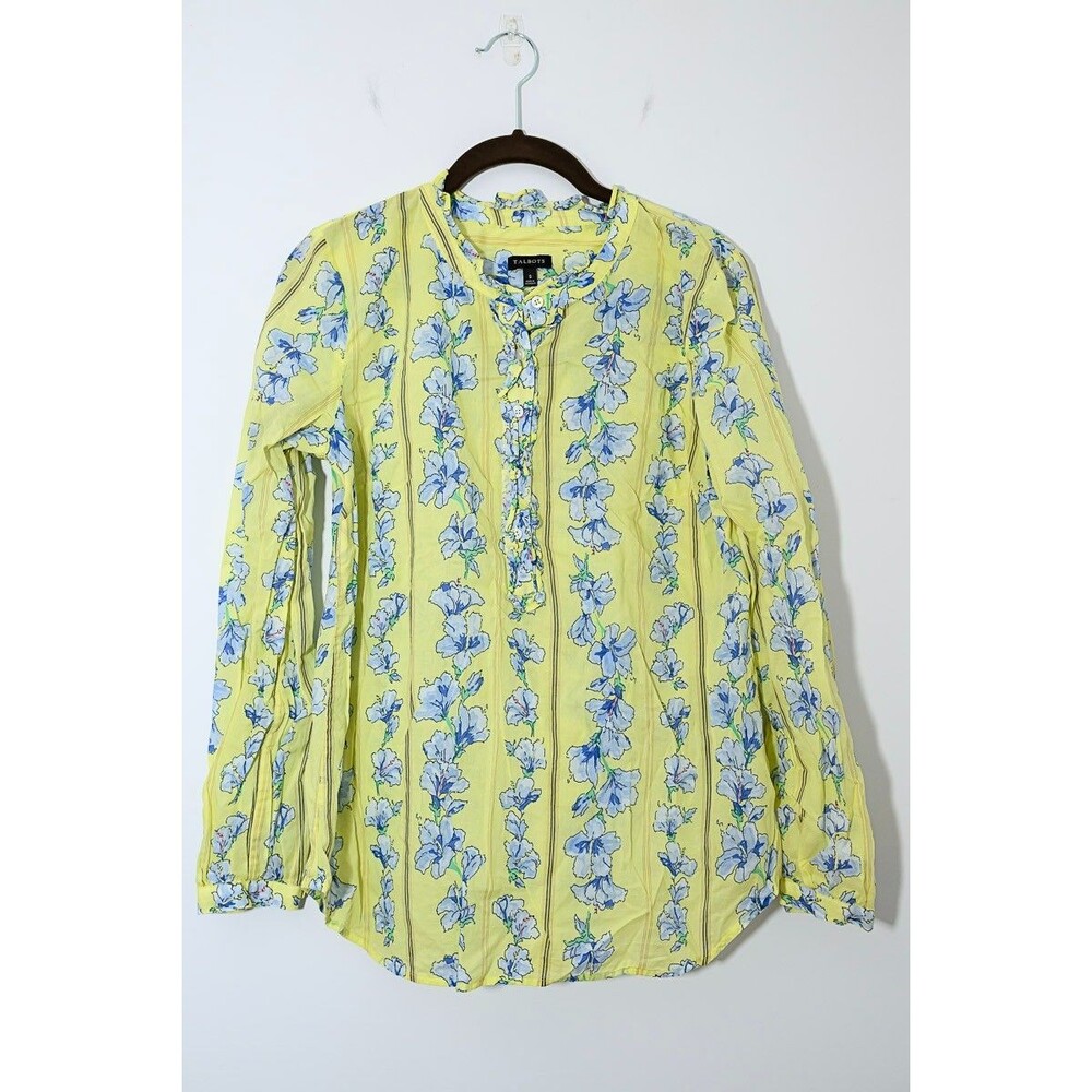 Talbots‎ button up Shirt S Yellow Floral Cottage Office Casual Popover Spring